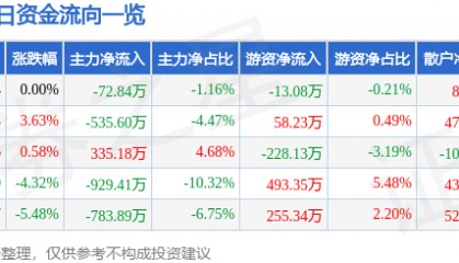 股票行情快报：朗科智能（300543）3月6日主力资金净卖出72.84万元
