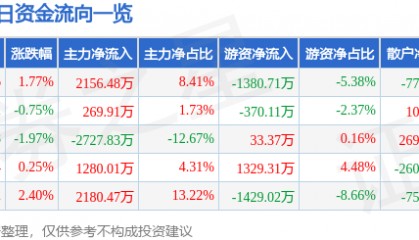 股票行情快报：华宇软件（300271）1月29日主力资金净买入2156.48万元