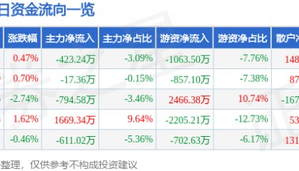 股票行情快报：京能电力（600578）8月13日主力资金净卖出423.24万元