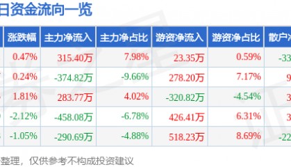 股票行情快报：芯能科技（603105）8月5日主力资金净买入315.40万元