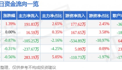 股票行情快报：九华旅游（603199）6月24日主力资金净买入191.83万元