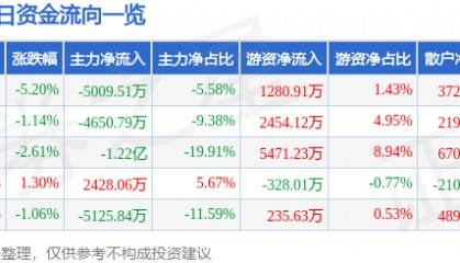 股票行情快报：大华股份（002236）3月23日主力资金净卖出5009.51万元