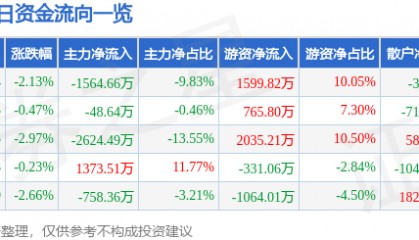 京能电力（600578）9月22日主力资金净卖出1564.66万元