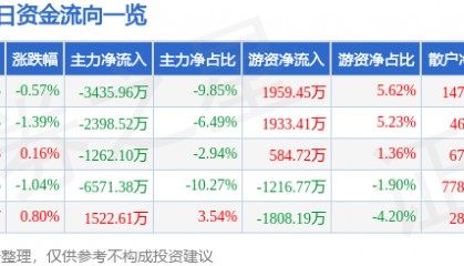 股票行情快报：华阳集团（002906）9月1日主力资金净卖出3435.96万元