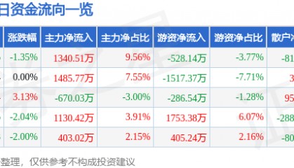 股票行情快报：天虹股份（002419）1月21日主力资金净买入1340.51万元