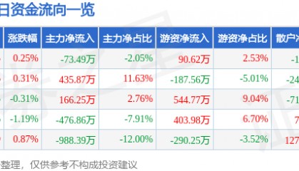 股票行情快报：九华旅游（603199）8月5日主力资金净卖出73.49万元