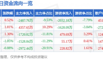 股票行情快报：华阳集团（002906）8月13日主力资金净卖出2487.76万元