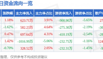 股票行情快报：京能电力（600578）9月4日主力资金净买入623.71万元