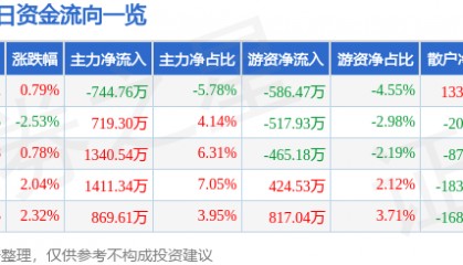 股票行情快报：芯能科技（603105）8月28日主力资金净卖出744.76万元