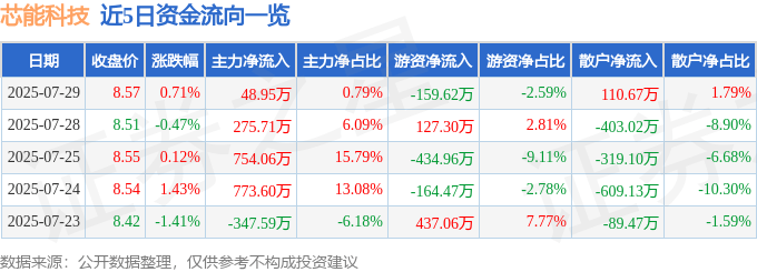 股票行情快报：芯能科技（603105）7月29日主力资金净买入48.95万元