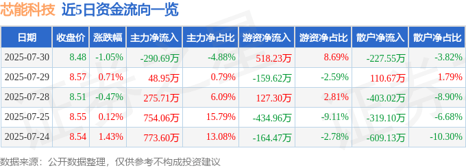 股票行情快报：芯能科技（603105）7月30日主力资金净卖出290.69万元