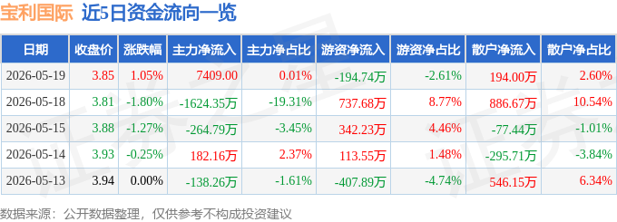 股票行情快报：宝利国际（300135）5月19日主力资金净买入7409.00元